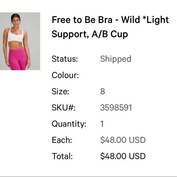 Lululemon Free to Be Bra - Wild *Light
Support, A/B Cup - Picture 2 of 3